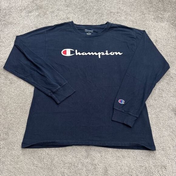 Champion Graphic Long Sleeve T-Shirt Mens Medium Navy Blue Crew Neck Cotton Tee - Picture 1 of 10